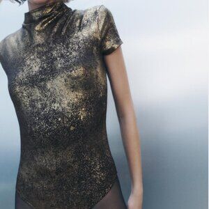 ZARA Metallic High Neck Bodysuit – Gold/Black – Size S – New christmas edition